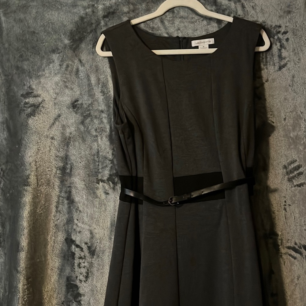 Sleeveless gray, black, and white dress with a cute black belt insert